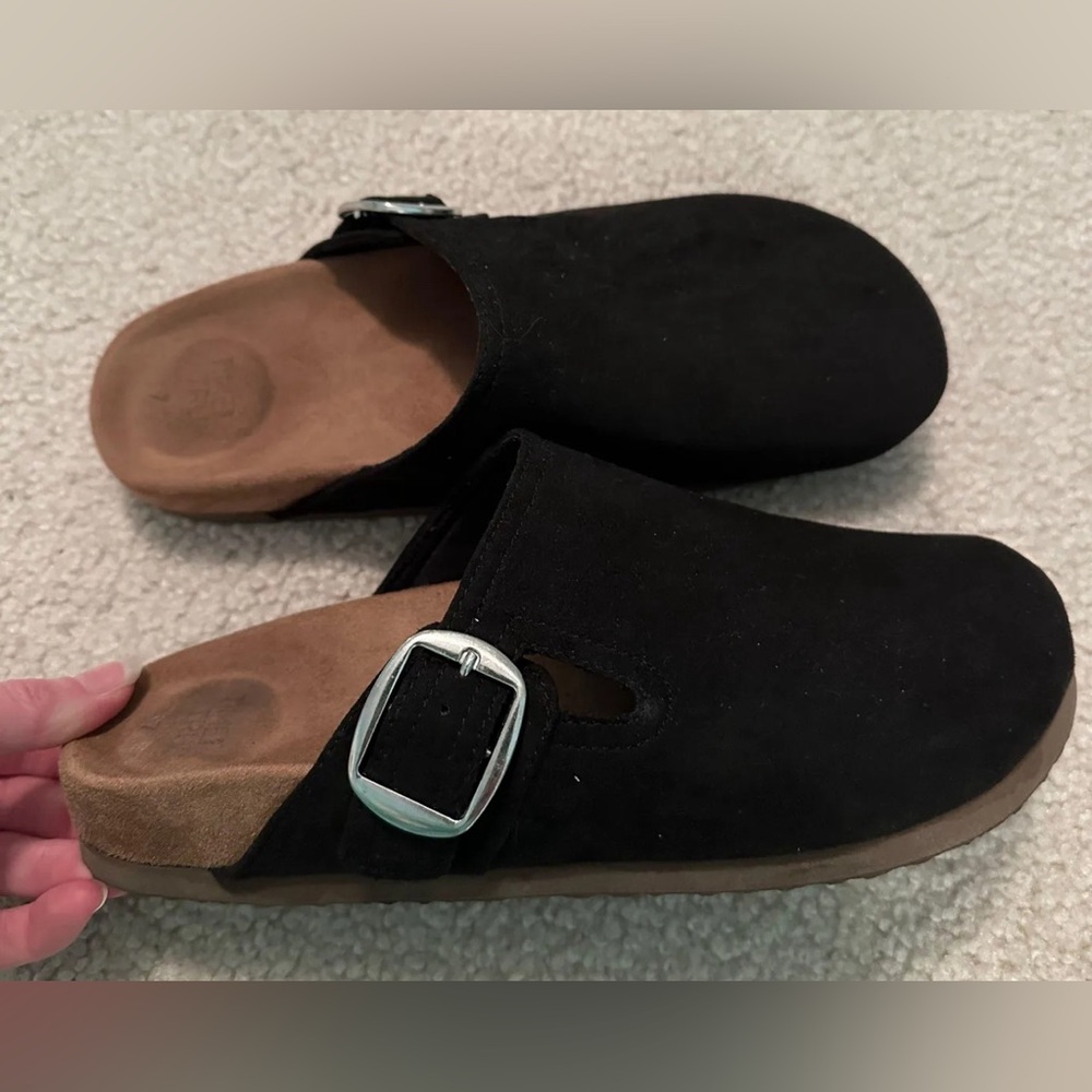 Time and Tru Black Slip-On Clog Sandals with Silver Buckle